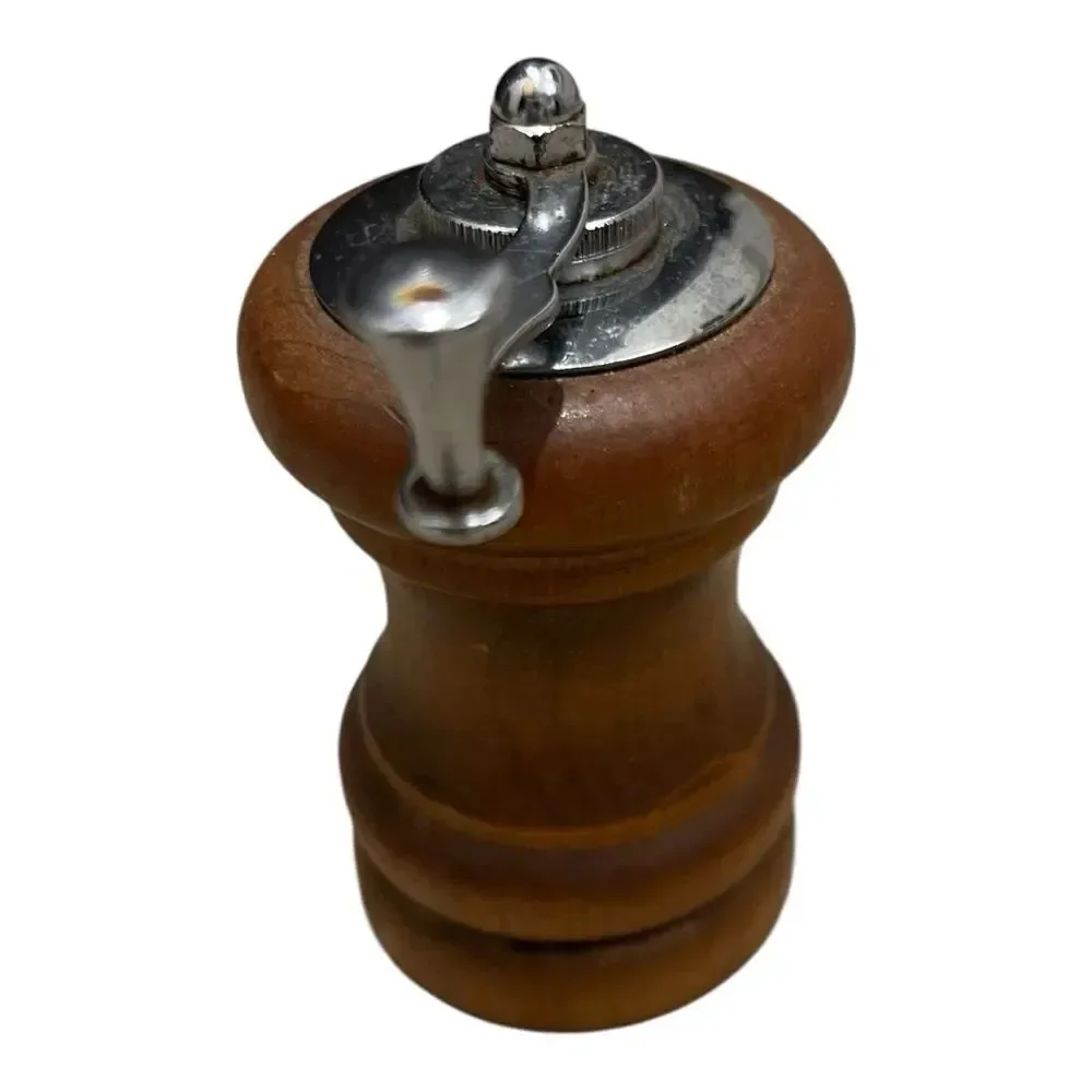 Vintage Small Wooden Pepper Mill with Silver Accents MCM
